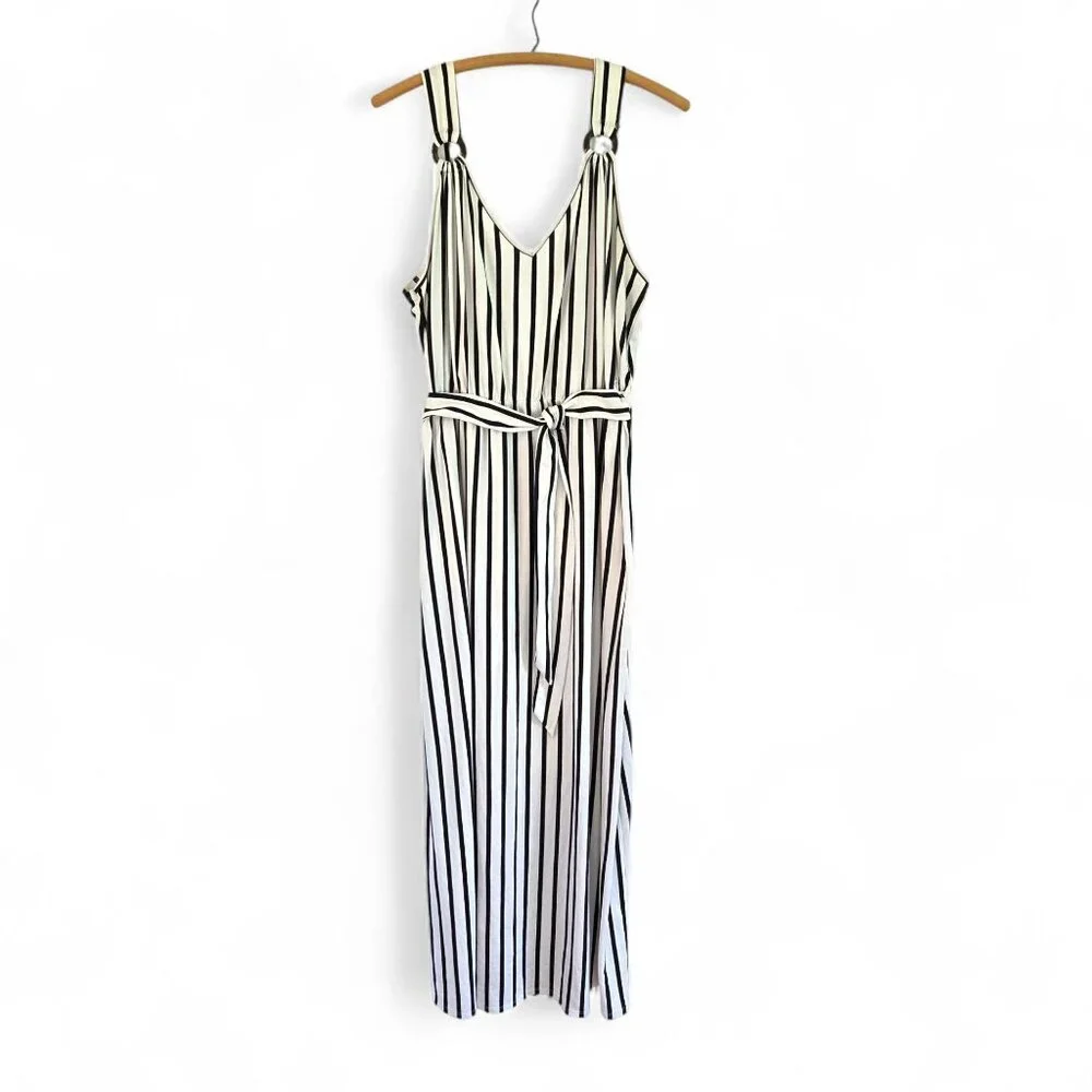Vibe Sportswear 2X Womens Bue & White Striped Knit Maxi Dress Tie Belt - Picture 1 of 10
